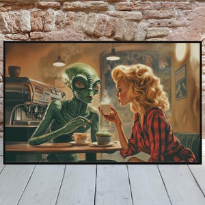 Vintage Alien Poster Vintage 1960&#39;s Inspired Alien UFO Sighting Mid Century Modern Retro Futurism Art Surreal Scifi Wall Art Alien Coffee