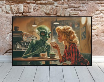 Vintage Alien Poster Vintage 1960's Inspired Alien UFO Sighting Mid Century Modern Retro Futurism Art Surreal Scifi Wall Art Alien Coffee