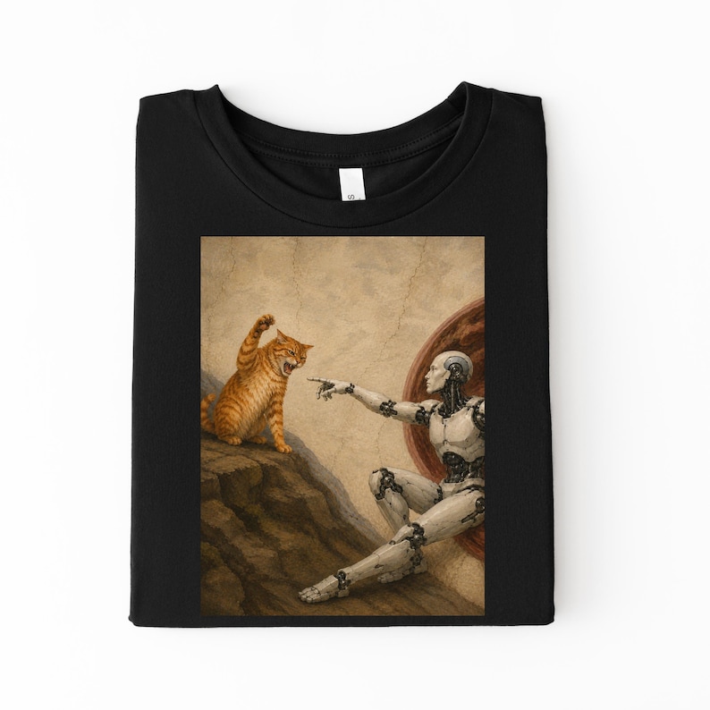 May include: Black t-shirt featuring a humorous graphic. The graphic depicts a ginger cat and a robot in a parody of Michelangelo's "The Creation of Adam." The cat is on a rock, and the robot is pointing at it. The background is a beige color.