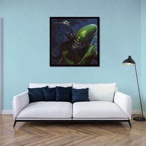 May include: A black cat sits on the shoulder of a green alien creature with a large head. The alien is holding its hands together in front of its chest. The background is a dark blue night sky with a flying saucer in the distance.