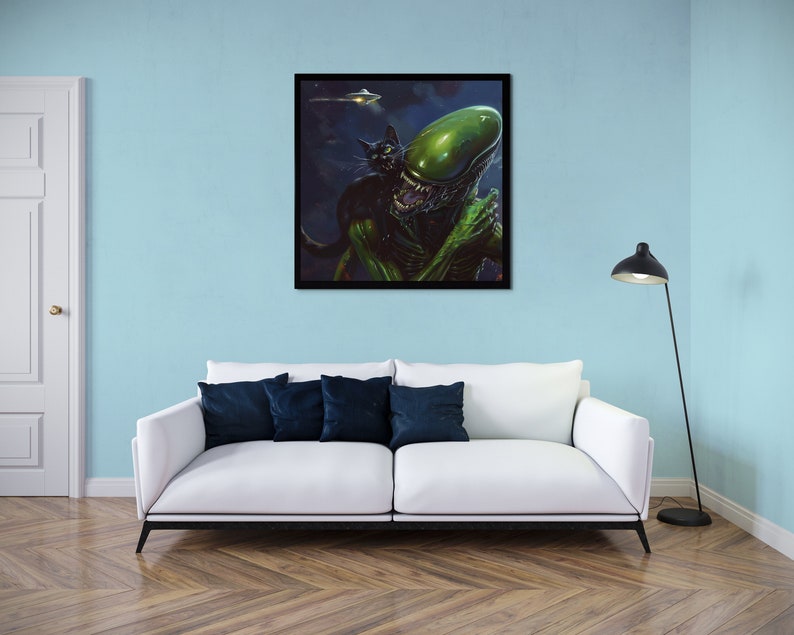May include: A black cat sits on the shoulder of a green alien creature with a large head. The alien is holding its hands together in front of its chest. The background is a dark blue night sky with a flying saucer in the distance.