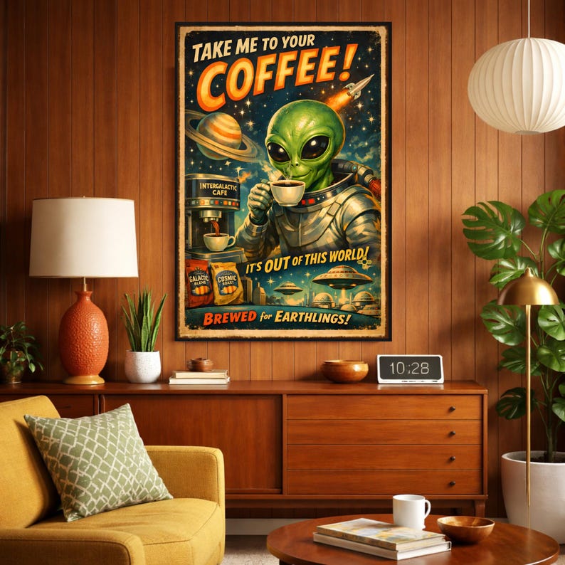 Retro Futuristic Alien Coffee Advertisement Vintage UFO Atomic Age ...