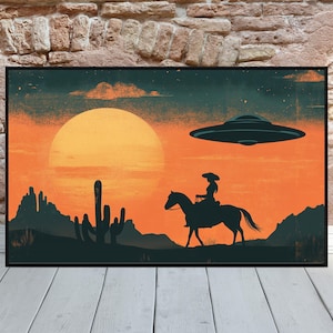 Retro Futuristic Art Vintage Western Sci-Fi Minimal Art UFO Alien Retro Scifi Wall Art Space Cowgirls Cosmic Art Arizona Desert Art Roswell