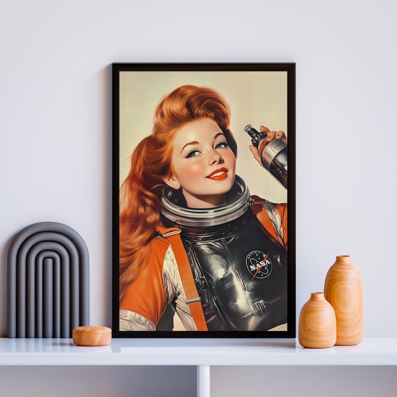Vintage 50s Soda Ad Astronaut Poster NASA Space Woman Retro Art Print
