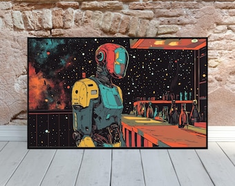 May include: A colorful robot with a yellow, blue, and red helmet stands in a bar with a starry night sky background. The robot is looking to the right. The bar is empty except for the robot. There are bottles on the shelves behind the bar.