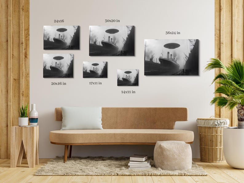 May include: A black and white photo of a ship with a flying saucer hovering above it. The photo is available in various sizes, including 14x11 inches, 17x11 inches, 20x16 inches, 24x16 inches, 30x20 inches, and 36x24 inches.