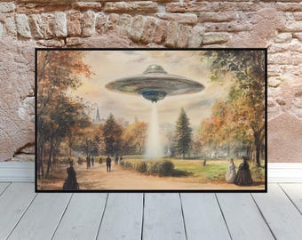 May include: A watercolor painting of a flying saucer hovering over a park with people walking on the paths. The saucer is silver and has a beam of light shining down from it. The park is green and has trees and buildings in the background.