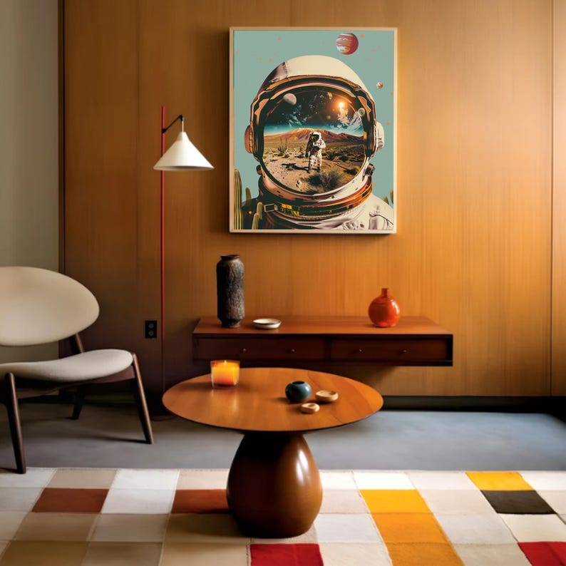 Retro Astronaut Poster Surreal Astronaut Helmet Art Print Scifi Wall ...
