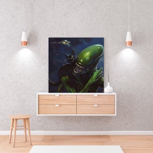 May include: A green alien with a black cat on its shoulder. The alien has a large head and a gaping mouth. The cat is looking at the viewer. The background is a dark blue with stars.