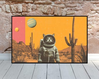 Vintage Scifi Space Collage Poster Starring Cat Black Cat Space Poster Minimalist Surreal Vaporwave Art Retro Futuristic Western Art Decor