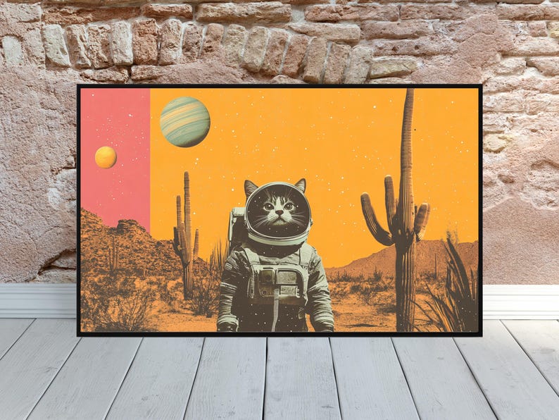 Vintage Scifi Space Collage Poster Starring Cat Black Cat Space Poster Minimalist Surreal Vaporwave Art Retro Futuristic Western Art Decor
