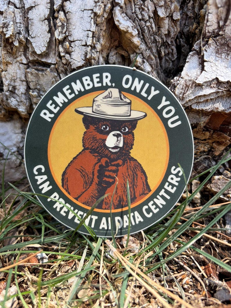 May include: A circular sticker featuring a brown bear wearing a tan ranger hat and pointing forward. The bear is centered on a yellow background surrounded by a dark green border. The text reads: REMEMBER, ONLY YOU CAN PREVENT AI DATA CENTERS.