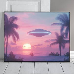 May include: A digital art print featuring a pink and purple sunset over a beach with palm trees and a flying saucer in the sky.