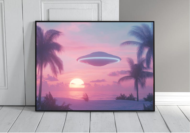 May include: A digital art print featuring a pink and purple sunset over a beach with palm trees and a flying saucer in the sky.