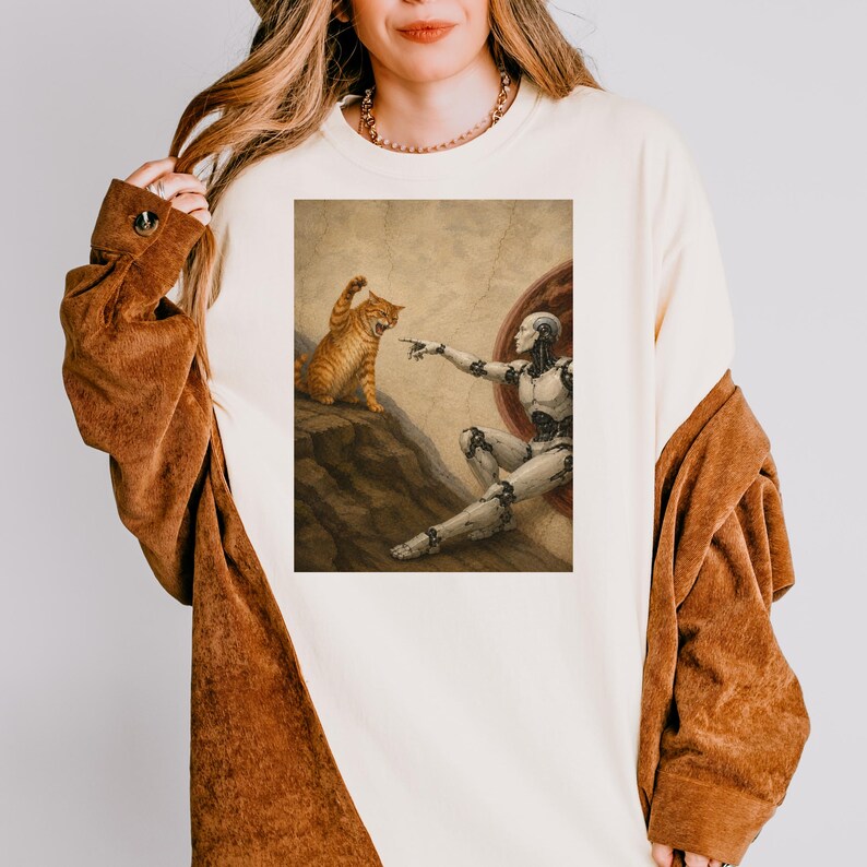 May include: Cream-colored t-shirt featuring a humorous parody of Michelangelo's "The Creation of Adam." The artwork depicts a robot and an orange tabby cat. The robot's finger points towards the cat, which is standing on a rocky surface.