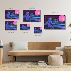 May include: A digital art print featuring two astronauts sitting on a bench under a pink and blue moon. The print is available in various sizes, including 14x11 inches, 17x11 inches, 20x16 inches, 24x16 inches, 30x20 inches, and 36x24 inches.
