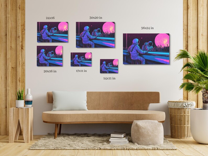 May include: A digital art print featuring two astronauts sitting on a bench under a pink and blue moon. The print is available in various sizes, including 14x11 inches, 17x11 inches, 20x16 inches, 24x16 inches, 30x20 inches, and 36x24 inches.
