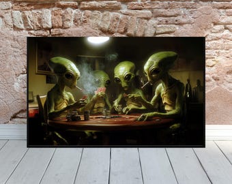UFO Wall Art Alien Wall Decor Surreal Art Alien Poker Gift for Him Man Cave Bar Art Alien Lover Gift Funny Novelty Poster Scifi Art Print