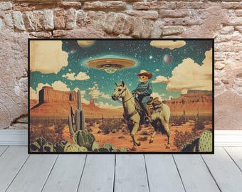 Retro Futuristic Art Vintage Western Cat Sci-Fi Collage Art Cowboy Cat UFO Alien Retro Scifi Wall Art Starring Cat Cosmic Arizona Desert Art