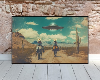 Retro Futuristic Art Vintage Western Sci-Fi Collage Art UFO Alien Retro Scifi Wall Art Space Cowgirls Cosmic Art Arizona Desert Art Roswell