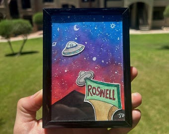 Arte murale UFO, originale dipinto ad acquerello spaziale, Roswell Alien Art, The Alien Obsessed, X-Files, Area 51, arte spaziale, regalo alieno, decorazione per la casa dipinta