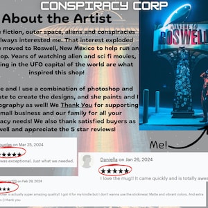 May include: A digital illustration of a sign that says "Welcome to Roswell" with a UFO in the background. The text "About the Artist" is at the top of the image. The text below describes the artist's inspiration for their work and includes customer reviews.