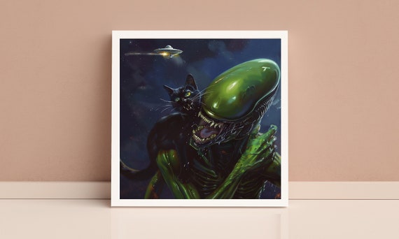 Cat Vs Alien Funny Cat Art Starring Cat Weird Cat Art Cat Famous Painting Weird Cutness Cat Art Retro UFO Poster Cat Lover Gift UFO Gift