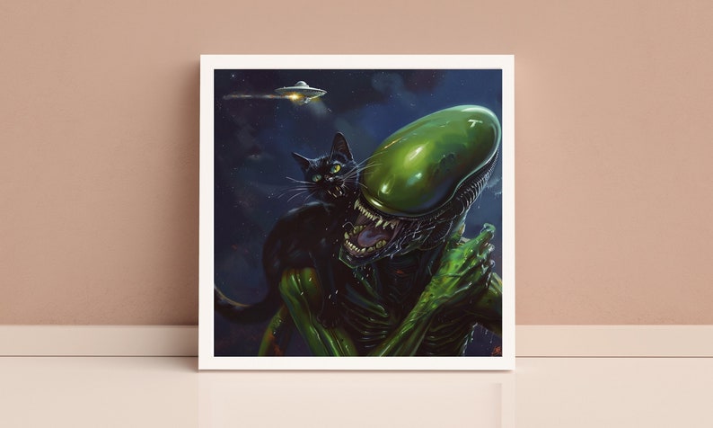 Cat Vs Alien Funny Cat Art Starring Cat Weird Cat Art Cat Famous Painting Weird Cutness Cat Painting Alien Cat Art Cat Lover Gift Space Art