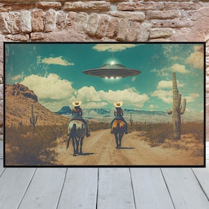 Retro Futuristic Art Vintage Western Sci-Fi Collage Art UFO Alien Retro Scifi Wall Art Space Cowgirls Cosmic Art Arizona Desert Art Digital