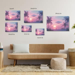 May include: A collage of six different sizes of a print featuring a pink and purple sunset with palm trees and a flying saucer. The sizes are 14x11 inches, 17x11 inches, 20x16 inches, 24x16 inches, 36x24 inches, and 50x20 inches.