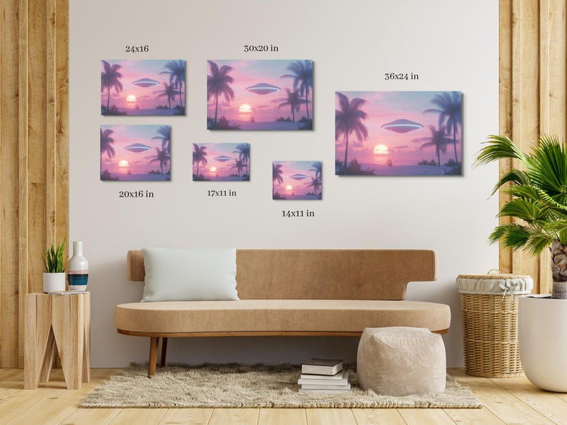May include: A collage of six different sizes of a print featuring a pink and purple sunset with palm trees and a flying saucer. The sizes are 14x11 inches, 17x11 inches, 20x16 inches, 24x16 inches, 36x24 inches, and 50x20 inches.