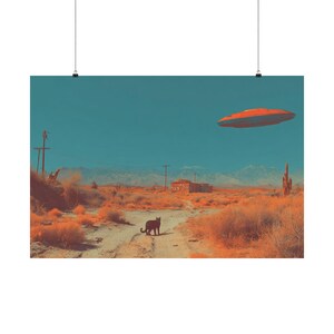 Retro Futuristic UFO Art Starring Cat Dystopian Future Vintage SciFi Kitty Art Cat Lover Gift Alien Art Funny Cat Art Cat Famous Painting image 6