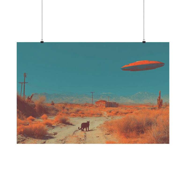 Retro Futuristic UFO Art Starring Cat Dystopian Future Vintage SciFi Kitty Art Cat Lover Gift Alien Art Funny Cat Art Cat Famous Painting image 6