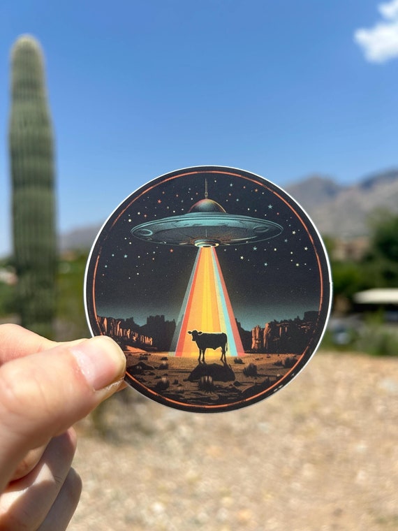 UFO Cow Abduction Sticker Retro UFO Alien Sticker The Alien Obsessed Alien Lover Gift Weird Sticker Scifi Retro Futuristic Sticker Area 51