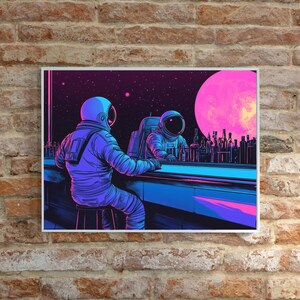 May include: Two astronauts in blue and purple spacesuits sit at a bar in space. A large pink moon hangs in the background. The bar is lit with neon lights and there are bottles of alcohol on the counter.
