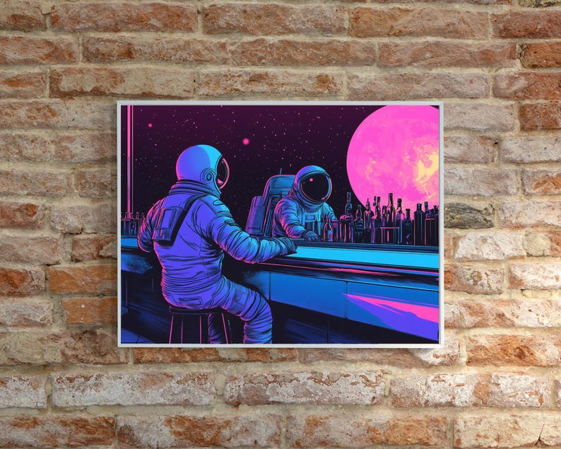 May include: Two astronauts in blue and purple spacesuits sit at a bar in space. A large pink moon hangs in the background. The bar is lit with neon lights and there are bottles of alcohol on the counter.