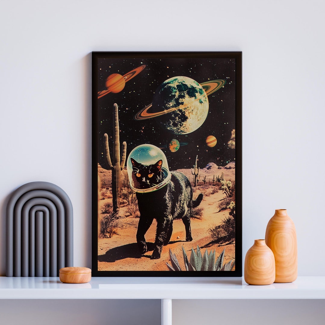 Vintage Scifi Space Collage Poster Starring Cat Black Cat Space Poster Black Cat Surreal Vaporwave Art Retro Futuristic Western Art Decor