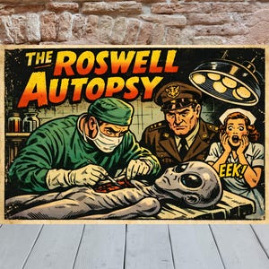 May include: A vintage-style print titled "The Roswell Autopsy." The artwork shows a doctor in green scrubs performing an autopsy on an alien, watched by a military officer and a surprised nurse. The word "EEK!" is displayed.