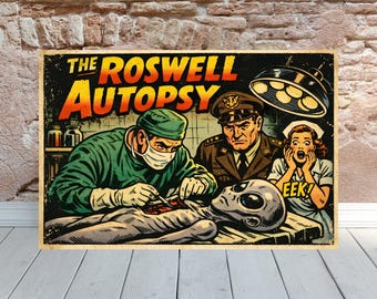 Vintage Roswell Autopsy Comic Book Poster UFO Alien Wall Art Retro 50s Atomic Age Conspiracy Theory New Mexico Vintage Scifi Space Decor