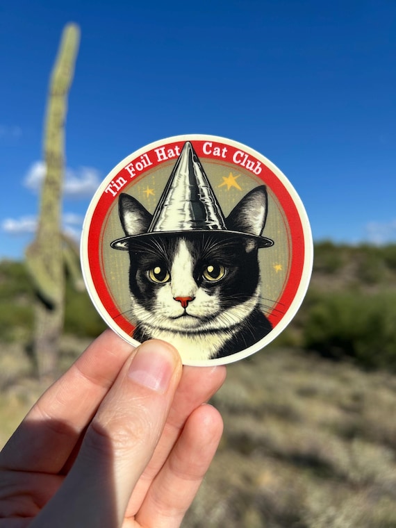Funny Cat Sticker Tin Foil Hat Cat Starring Cat Cat Lover Gift Conspiracy Theory Cat Satirical Sticker Gen Z Sticker Weird Sticker UFO Alien