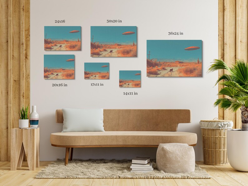 May include: A collection of canvas art prints depicting a desert landscape under a teal sky with a flying saucer. The prints vary in size, including 24x16 inches, 30x20 inches, 36x24 inches, 20x16 inches, 17x11 inches, and 14x11 inches.