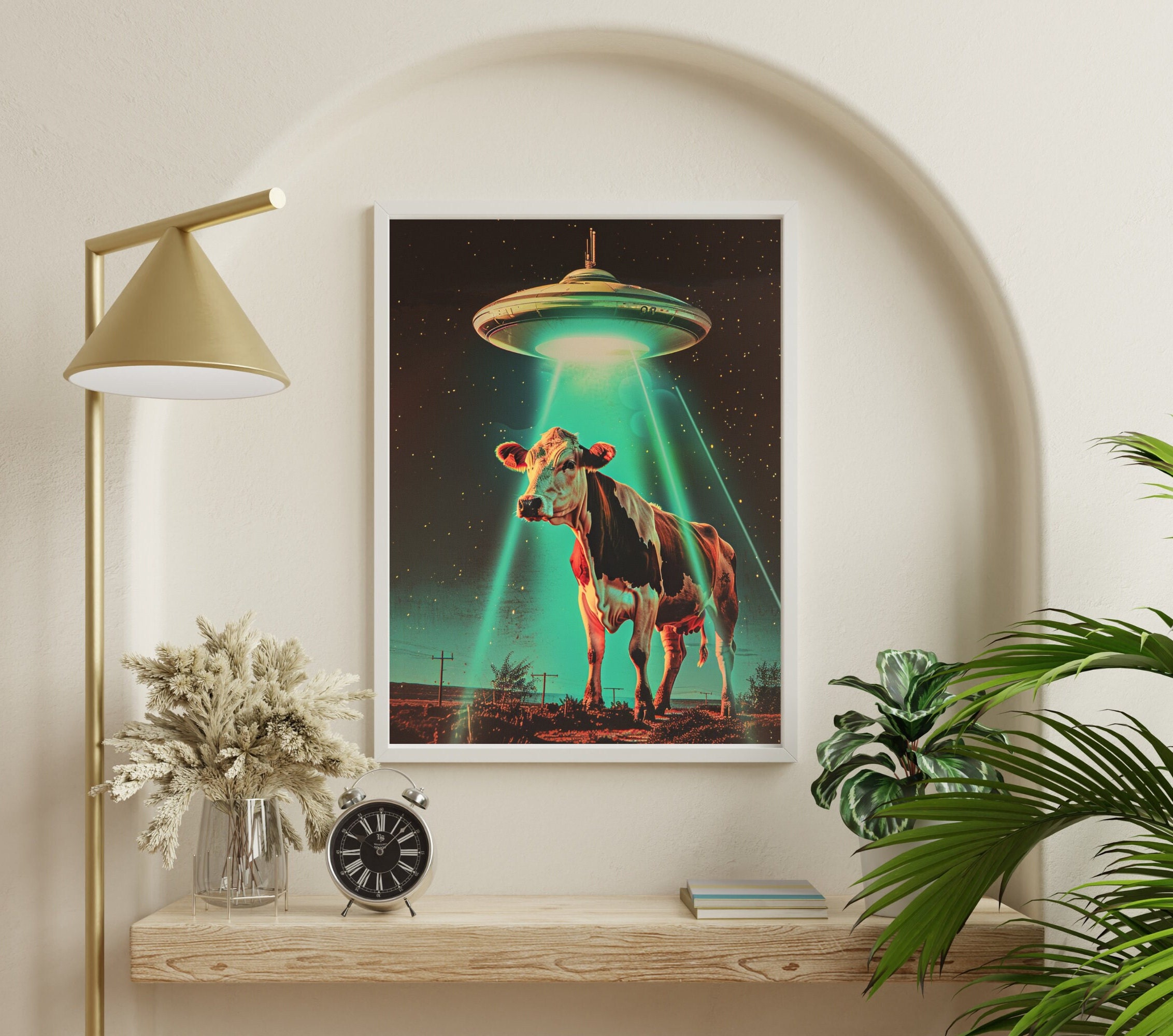 Retro UFO Poster UFO Abduction Art Funny Cow Print Alien Art Print 50s ...