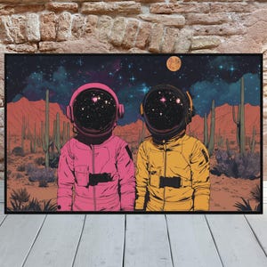 Póster de astronauta retro futurista 'Daft Astronauts', arte espacial vintage de ciencia ficción de los años 70 del desierto de Arizona, casco de astronauta de la NASA, cómic de pared