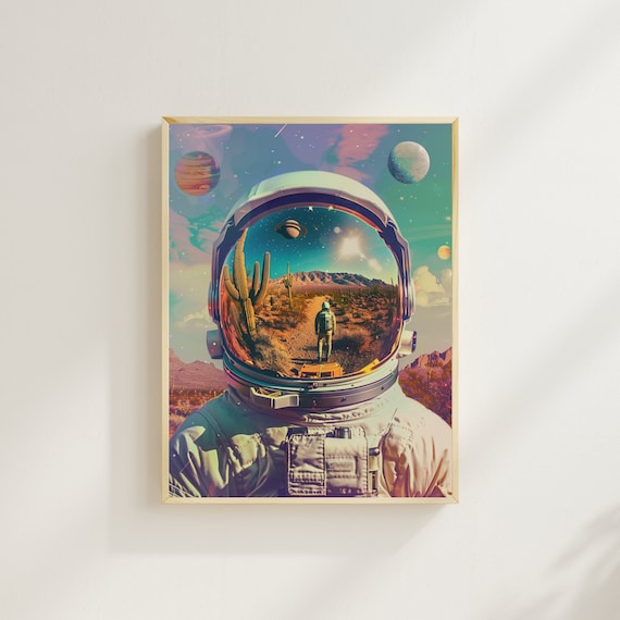 Retro Astronaut Poster Surreal Astronaut Helmet Art Print Psychedelic Wall Art Retro Futurism Scifi Arizona Desert Vintage Space Art NASA