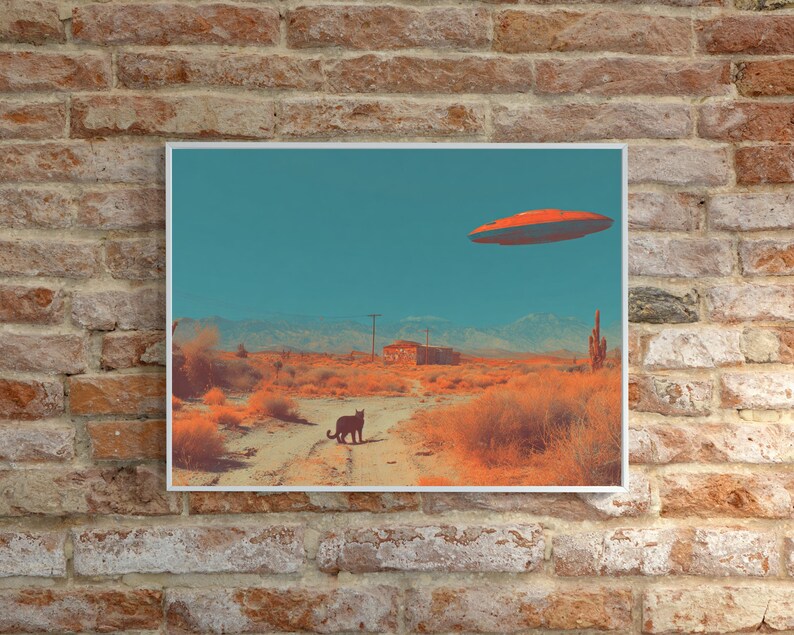 May include: A framed art print depicts a surreal desert scene. A black cat walks on a dirt road, with a red and orange UFO hovering in the turquoise sky. The landscape is rendered in warm orange and brown tones.