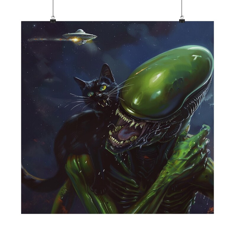 Cat Vs Alien Funny Cat Art Starring Cat Weird Cat Art Cat Famous Painting Weird Cutness Cat Art Retro UFO Poster Cat Lover Gift UFO Gift image 5