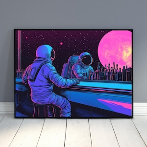 May include: Two astronauts in space suits sit at a bar in front of a large pink moon. The bar is lit with neon blue and pink lights. The astronauts are wearing blue and purple space suits.