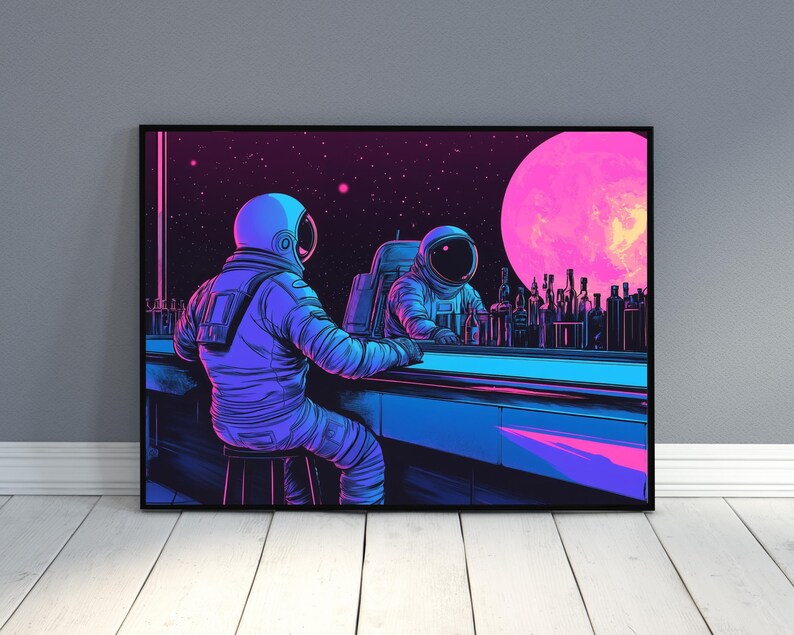 May include: Two astronauts in space suits sit at a bar in front of a large pink moon. The bar is lit with neon blue and pink lights. The astronauts are wearing blue and purple space suits.