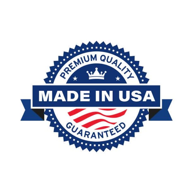 Może przedstawiać: Okrągła pieczęć w kolorze niebieskim i czerwonym z koroną i tekstem "Premium Quality Made in USA Guaranteed".