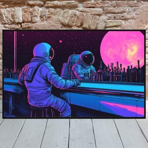 May include: Two astronauts in blue and purple space suits sit at a bar in space. The bar is lit with neon blue and pink lights. A large pink planet is visible in the background.